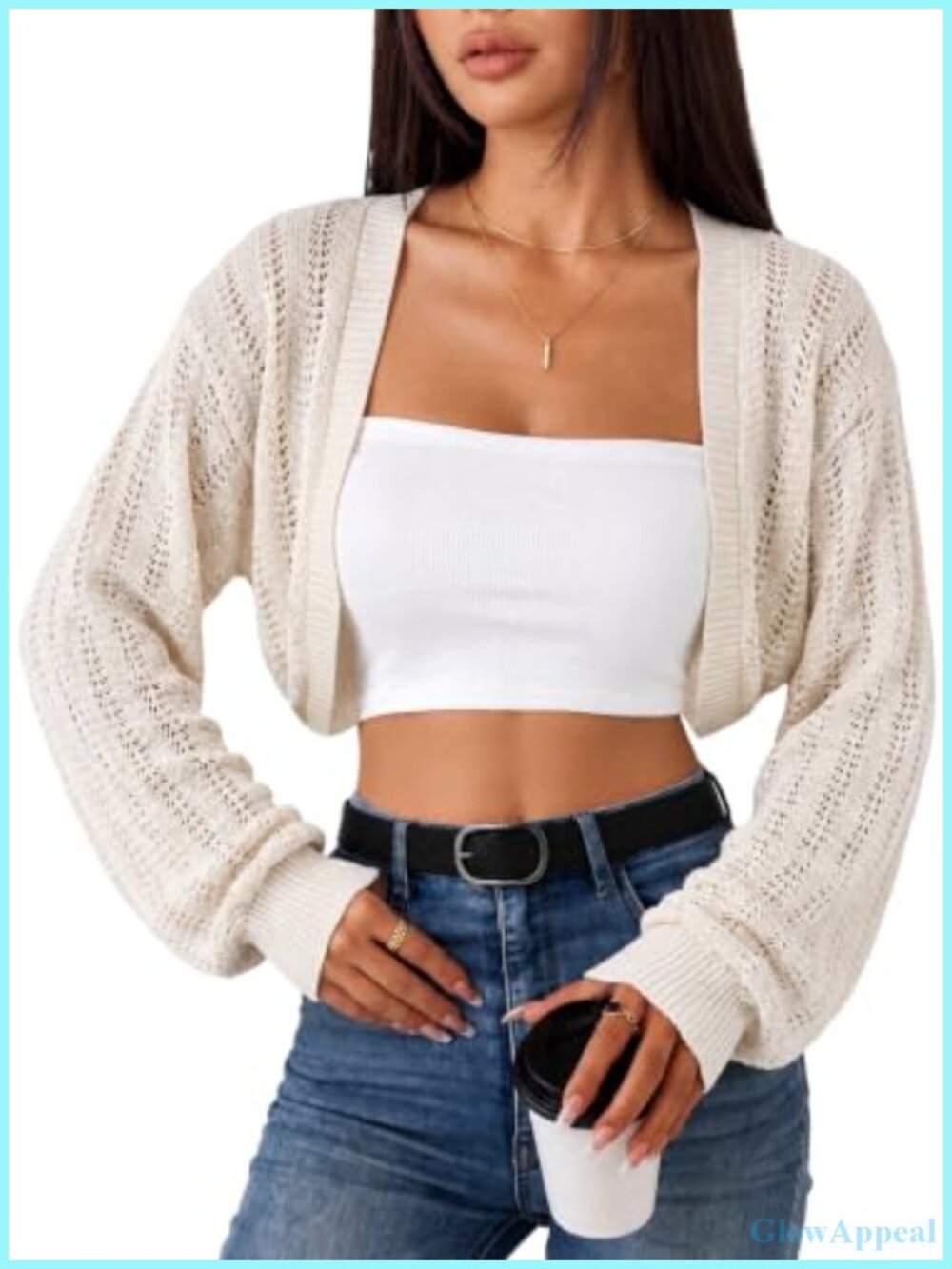 Cropped Open Front Knit Cardigan Bolero Shrug Long Sleeve Lightweight Polyester